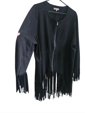 Democracy Black Faux Suede Fringe Zip Front Jacket Women’s Plus Size 2X Boho